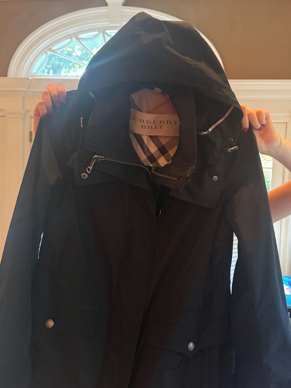 Burberry Black Hooded Raincoat with Signature Check Trim - Picture 2 of 13